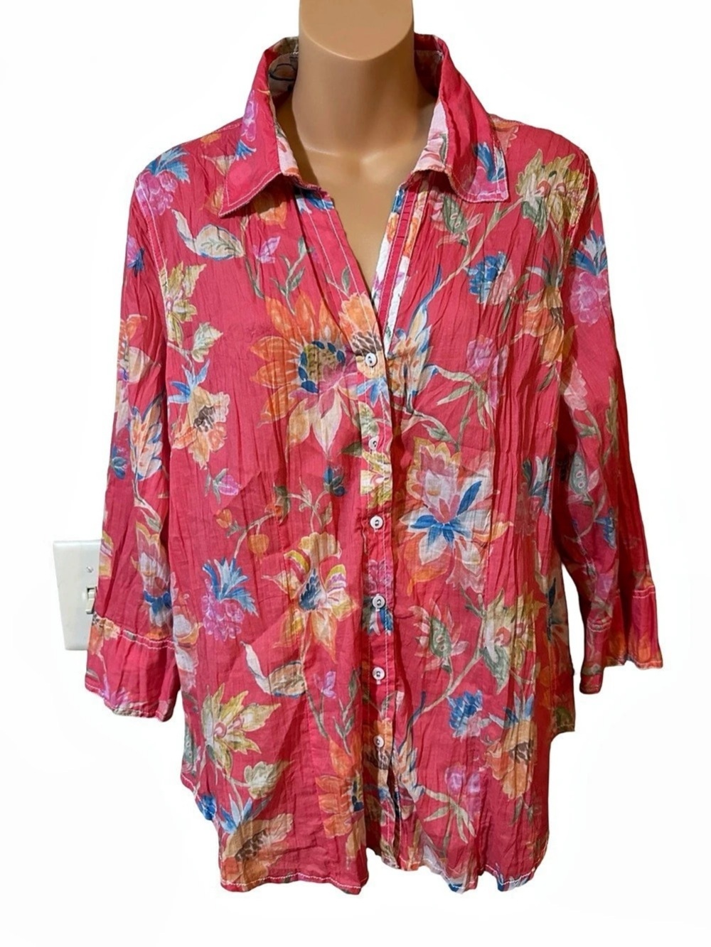 CINO Floral Cotton Crinkle Button Down Blouse Shirt Pink Yellow Boho Resortwear